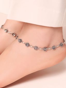 Zavya - Blossom Elegance 925 Sterling Silver Rhodium-Plated Flower Anklet- Pair