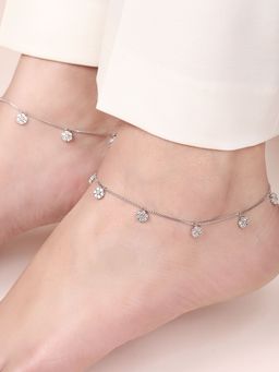 Zavya - Floral CZ Rhodium Plated 925 Sterling Silver Anklet- Pair
