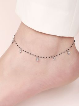 Zavya - Black Beads CZ Rhodium Plated 925 Sterling Silver Anklet