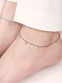 Zavya - Black Beads CZ Rhodium Plated 925 Sterling Silver Anklet- Pair