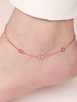 Zavya - Infinity and Floral CZ Rose Gold Plated 925 Sterling Silver Anklet