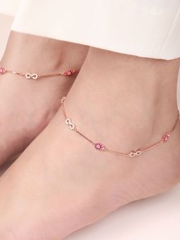 Zavya - Infinity and Floral CZ Rose Gold Plated 925 Sterling Silver Anklet- Pair