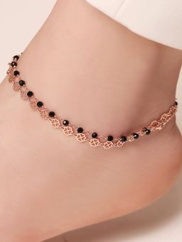 Zavya - Heartfelt Harmony 925 Sterling Silver Anklet with Black Beads
