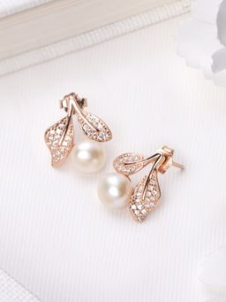 Zavya - Pearl Elegance Rose Gold-Plated CZ & Freshwater Pearl 925 Sterling Silver Earrings