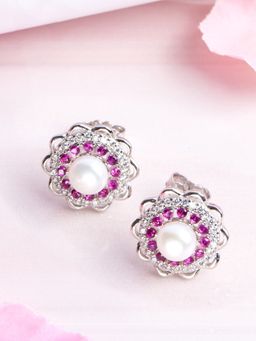 Zavya - Blooming Pearl Harmony Rhodium-Plated 925 Sterling Silver Stud Earrings