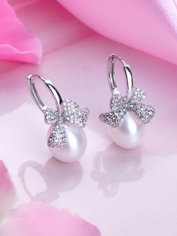 Zavya - Pearl Leaf Whispers Rhodium-Plated 925 Sterling Silver Earrings
