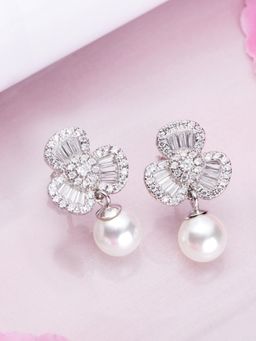 Zavya - Trinity CZ-Pearl Blooms 925 Sterling Silver Rhodium-Plated Earring