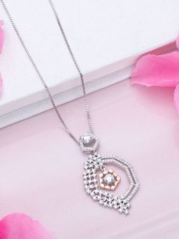 Zavya - Dual Tone CZ Brilliance 925 Sterling Silver Pendant with Box Chain with Chain