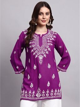 The Chikan Label - Purple Siara Rayon Chikankari Short Kurti