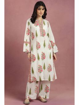 TAHILIYA - White-Green Sanganeri Hand Block Printed Kurta with Straight Pant