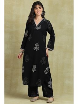 TAHILIYA - Black Sanganeri Hand Block Printed Kurta with Straight Pant Cotton