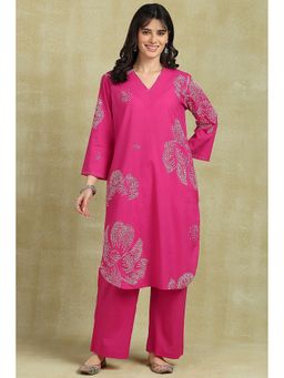 TAHILIYA - Fuchsia Pink Bandhani Hand Block Printed Kurta with Straight Pant