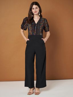 BRINNS - Multi-Color Printed V-Neck Puffed Sleeves Basic Jumpsuit