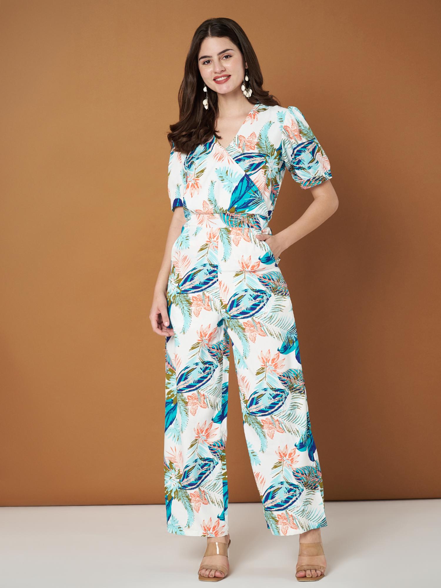 brinns White Floral Printed V-Neck Puffed Sleeves Basic Jumpsuit-picture-12