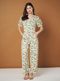 BRINNS - Green Floral Printed V-Neck Puffed Sleeves Basic Jumpsuit