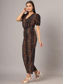 BRINNS - Black Women Geometric Printed Puffed Sleeves Jumpsuit