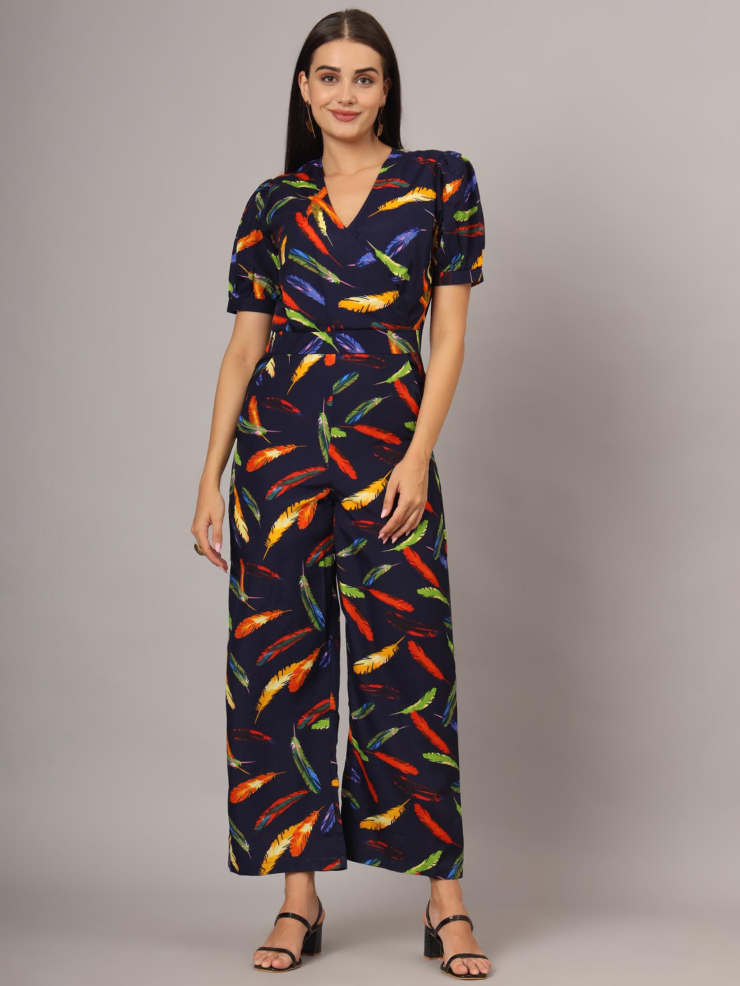 brinns Navy Blue Women Printed Puffed Sleeves Jumpsuit-picture-18