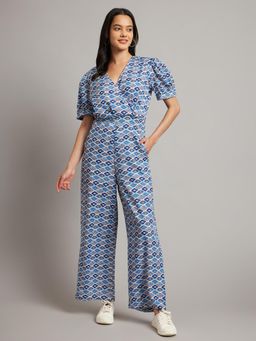BRINNS - Blue Women Geometric Printed Puffed Sleeves Jumpsuit