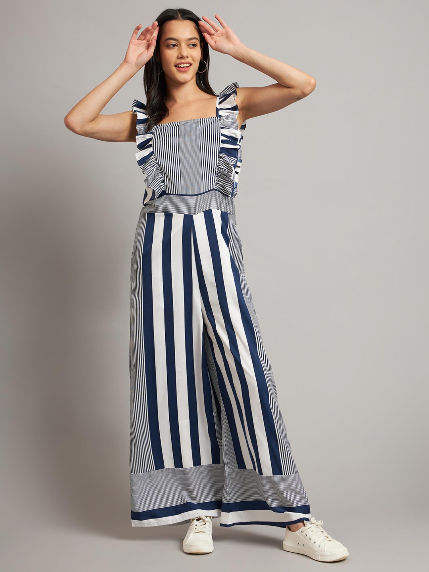 brinns Blue Women Striped Printed Ruffles Basic Jumpsuit-picture-19