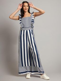 BRINNS - Blue Women Striped Printed Ruffles Basic Jumpsuit