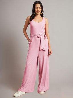 BRINNS - Pink Women Solid Round Neck Sleeveless Basic Jumpsuit with Waist Belt (Set of 2)