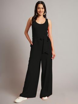 BRINNS - Black Women Solid Round Neck Sleeveless Basic Jumpsuit with Waist Belt (Set of 2)
