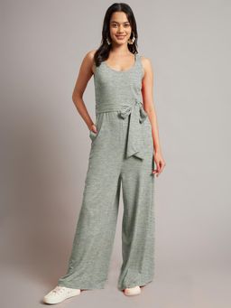 BRINNS - Grey Women Solid Round Neck Sleeveless Basic Jumpsuit with Waist Belt (Set of 2)