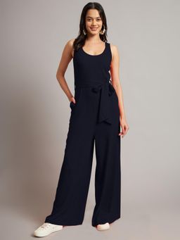 BRINNS - Navy Blue Women Solid Round Neck Sleeveless Jumpsuit with Waist Belt (Set of 2)