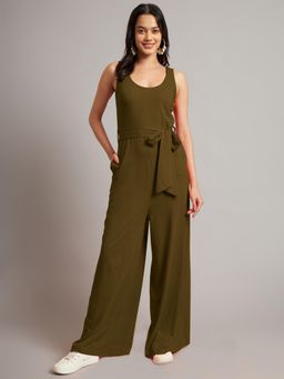 BRINNS - Olive Women Solid Round Neck Sleeveless Basic Jumpsuit with Waist Belt (Set of 2)
