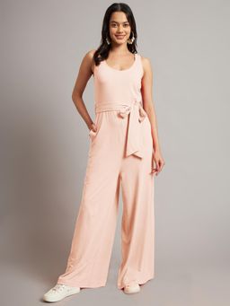 BRINNS - Peach Women Solid Round Neck Sleeveless Basic Jumpsuit with Waist Belt (Set of 2)