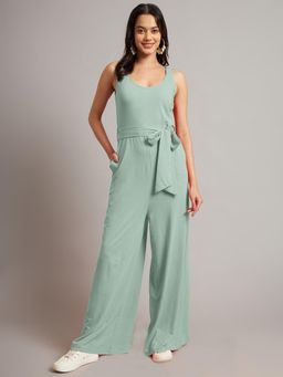 BRINNS - Green Women Solid Round Neck Sleeveless Basic Jumpsuit with Waist Belt (Set of 2)