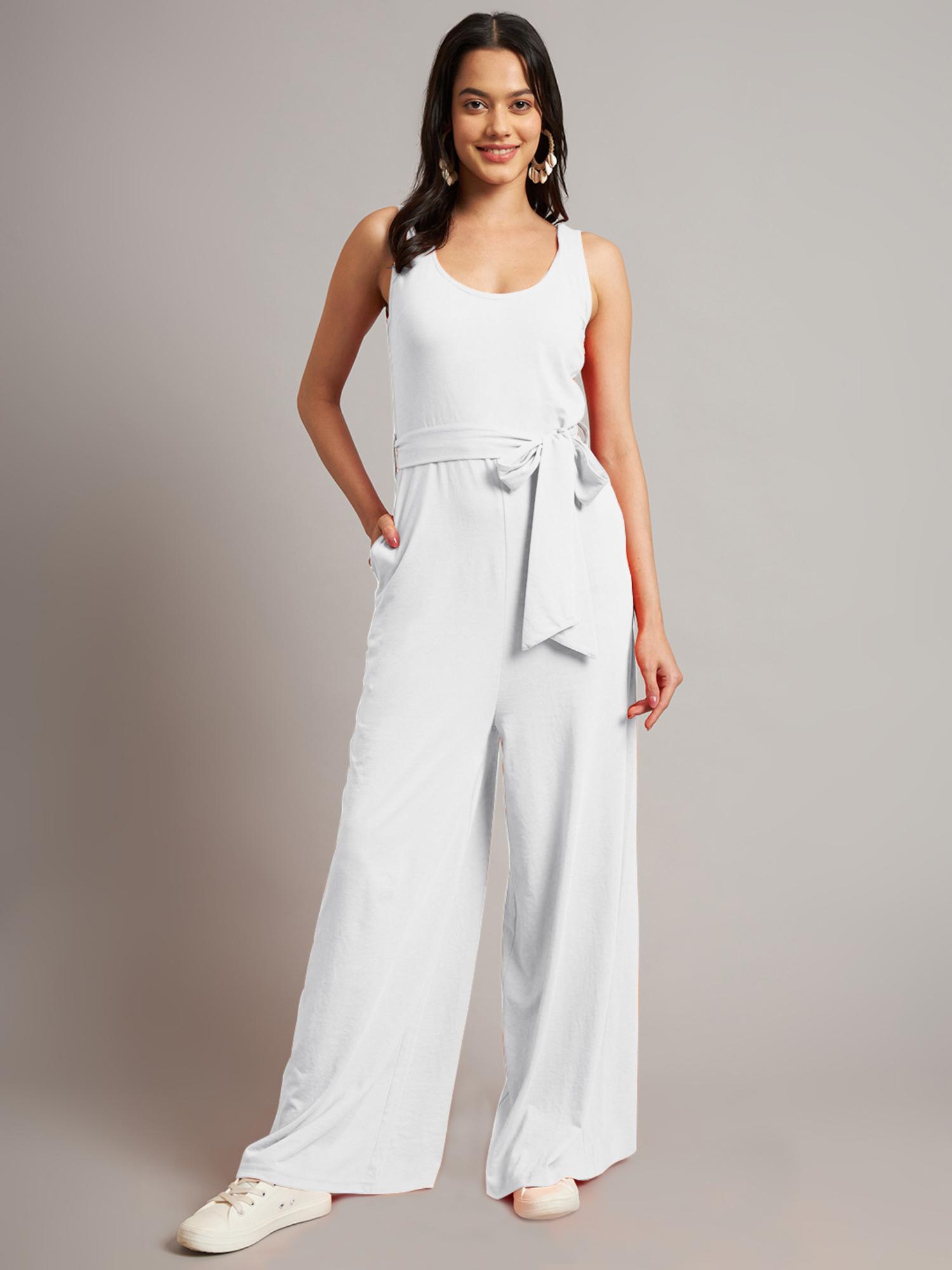 brinns White Women Solid Round Neck Sleeveless Basic Jumpsuit with Waist Belt (Set of 2)-picture-29