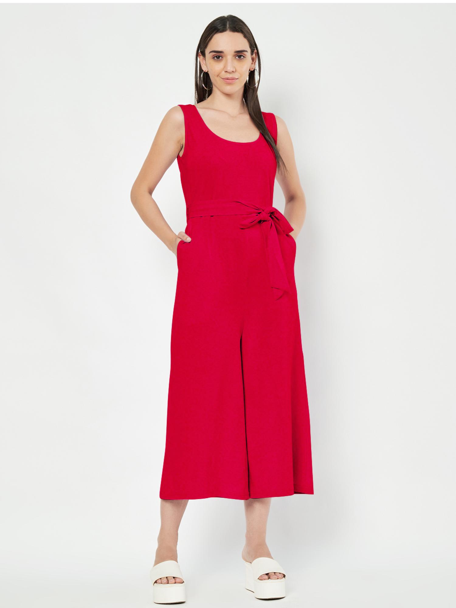 Red Round Neck Sleeveless Pure Cotton Jumpsuit with Waist Belt (Set of 2)-image-6