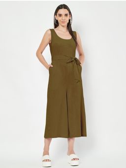 BRINNS - Olive Round Neck Sleeveless Pure Cotton Jumpsuit with Waist Belt (Set of 2)