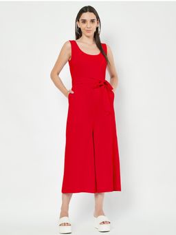 BRINNS - Red Round Neck Sleeveless Pure Cotton Jumpsuit with Waist Belt (Set of 2)