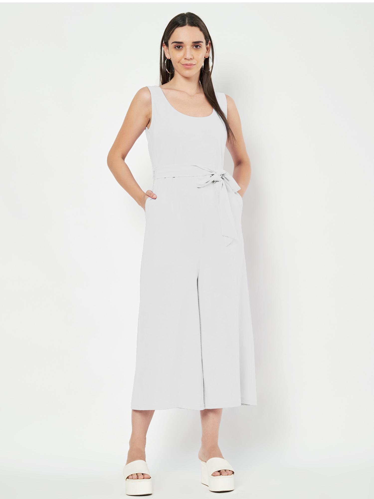 brinns White Round Neck Sleeveless Pure Cotton Jumpsuit with Waist Belt (Set of 2)-picture-20