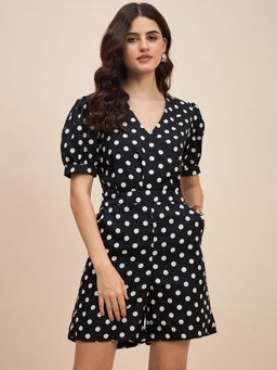 BRINNS - Black Polka Printed V-Neck Puffed Sleeves Playsuit