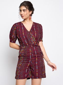 BRINNS - Maroon Geometric Printed V-Neck Puffed Sleeves Playsuit