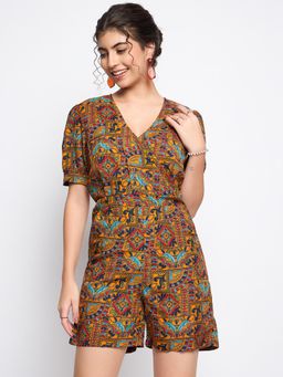 BRINNS - Mustard Printed V-Neck Puffed Sleeves Playsuit