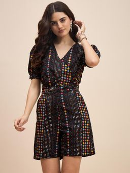 BRINNS - Black Printed V-Neck Puffed Sleeves Playsuit