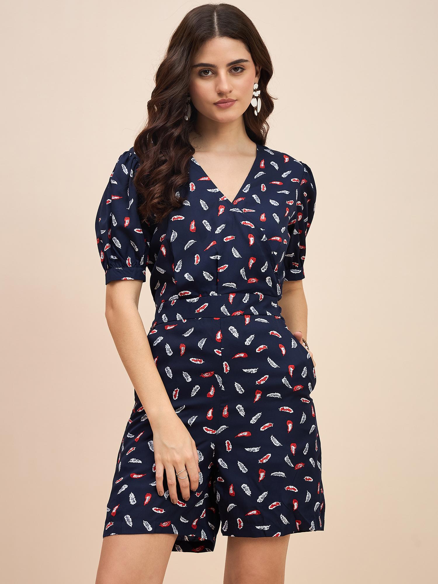 brinns Navy Blue Printed V-Neck Puffed Sleeves Playsuit-picture-11