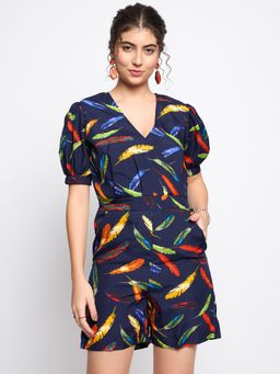 BRINNS - Navy Blue Printed V-Neck Puffed Sleeves Playsuit