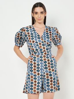 BRINNS - Multi-Color Geometric Printed V-Neck Puffed Sleeves Playsuit