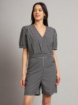 BRINNS - Black Printed V-Neck Puffed Sleeves Playsuit