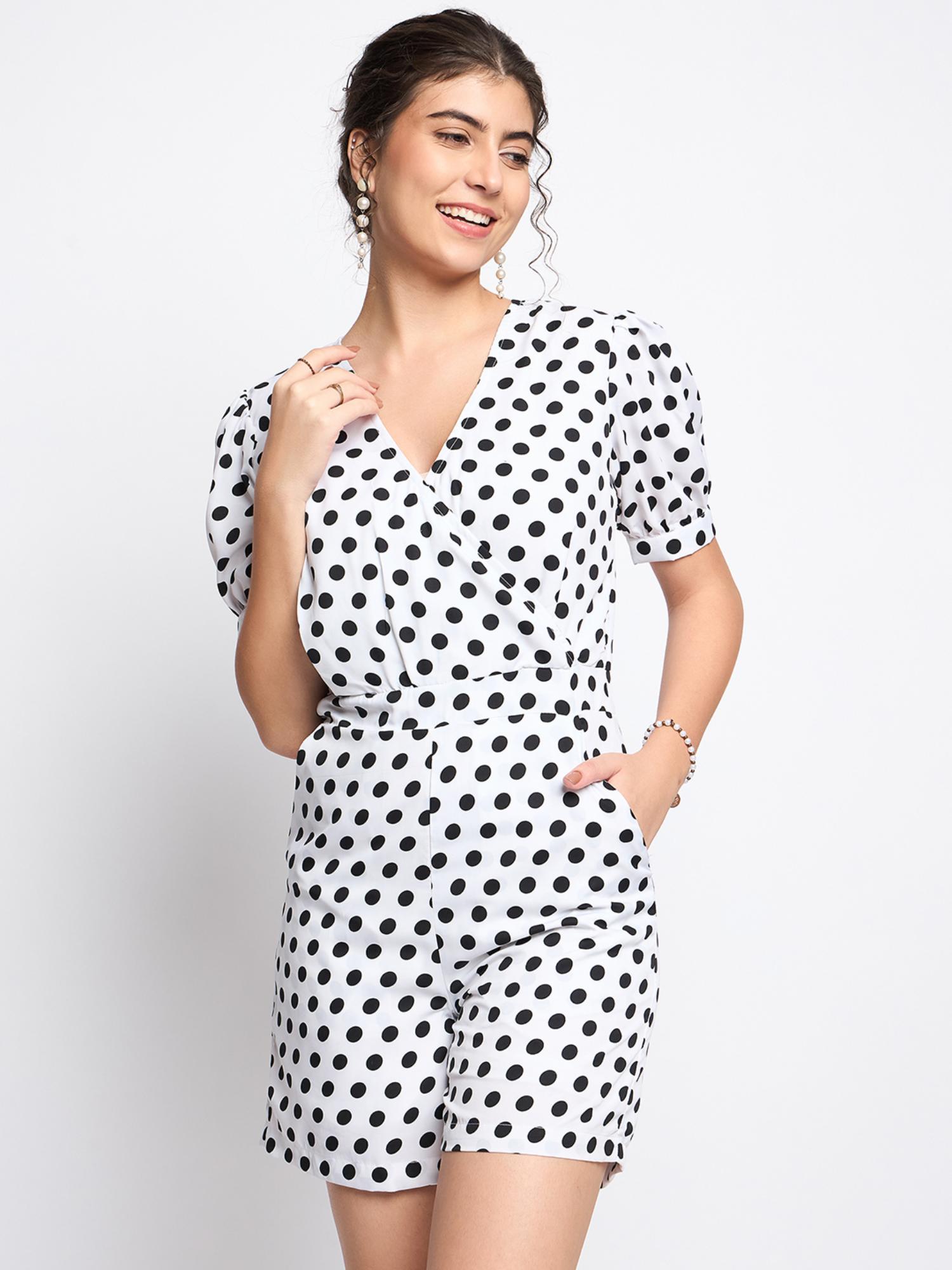 brinns White Polka Printed V-Neck Puffed Sleeves Playsuit-picture-26