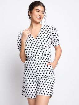 BRINNS - White Polka Printed V-Neck Puffed Sleeves Playsuit