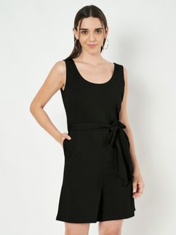 BRINNS - Black Round Neck Sleeveless Pure Cotton Playsuit with Waist Belt (Set of 2)