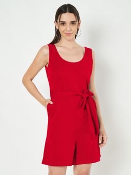 BRINNS - Red Round Neck Sleeveless Pure Cotton Playsuit with Waist Belt (Set of 2)