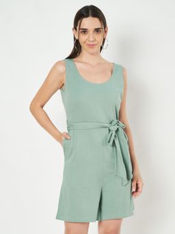 BRINNS - Green Round Neck Sleeveless Pure Cotton Playsuit with Waist Belt (Set of 2)
