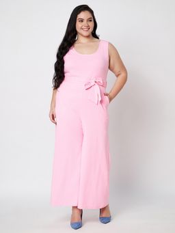 BRINNS - Pink Women Cotton Solid Round Neck Sleeveless Jumpsuit with Waist Belt (Set of 2)